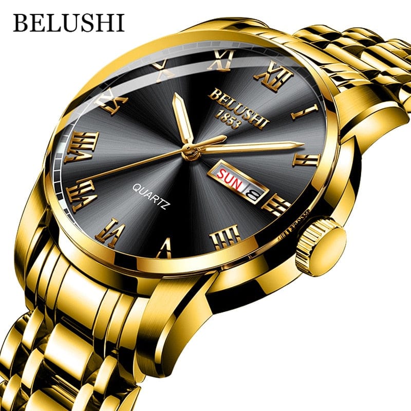 BELUSHI Men's Stainless Steel Date Watch - Waterproof and Luminous Golden Black ONETIMEBUY