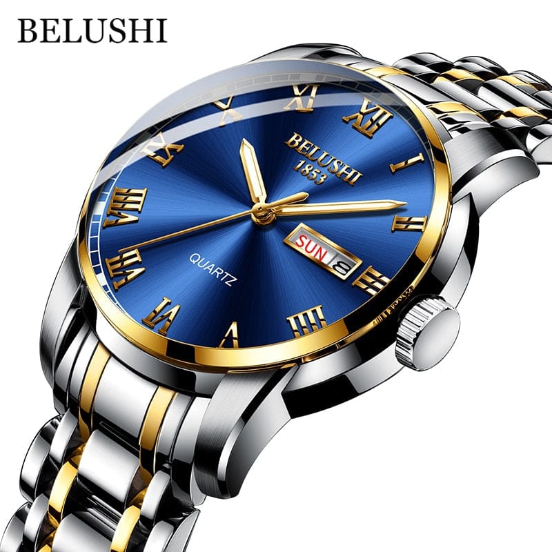 BELUSHI Men's Stainless Steel Date Watch - Waterproof and Luminous Silver Golden Blue ONETIMEBUY