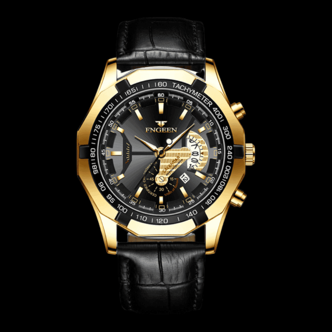 FNGEEN Presicion Men's Watch Leather Black/Gold ONETIMEBUY