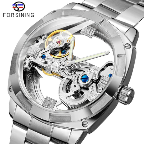 Forsining Men's Transparent Skeleton Mechanical Watch - Automatic Stainless Steel Timepiece ONETIMEBUY