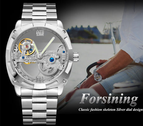Forsining Men's Transparent Skeleton Mechanical Watch - Automatic Stainless Steel Timepiece ONETIMEBUY