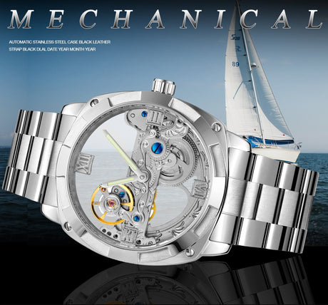 Forsining Men's Transparent Skeleton Mechanical Watch - Automatic Stainless Steel Timepiece ONETIMEBUY