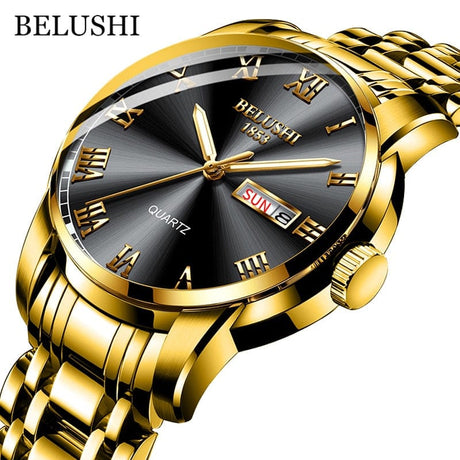 BELUSHI Men's Stainless Steel Date Watch - Waterproof and Luminous Golden Black ONETIMEBUY