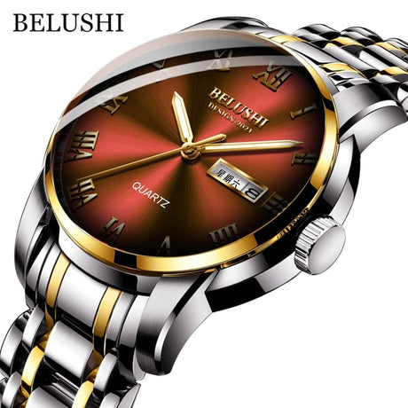 BELUSHI Men's Stainless Steel Date Watch - Waterproof and Luminous Silver Golden Red ONETIMEBUY