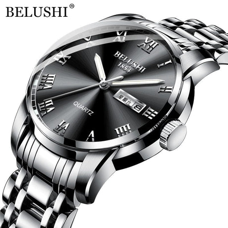 BELUSHI Men's Stainless Steel Date Watch - Waterproof and Luminous Silver Black ONETIMEBUY