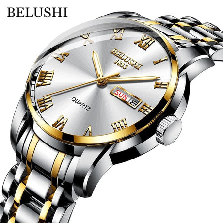 BELUSHI Men's Stainless Steel Date Watch - Waterproof and Luminous Silver Golden White ONETIMEBUY