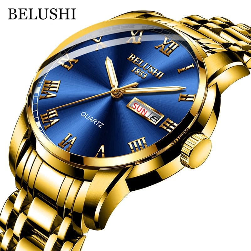 BELUSHI Men's Stainless Steel Date Watch - Waterproof and Luminous Golden Blue ONETIMEBUY