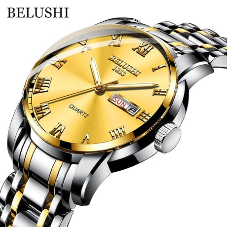 BELUSHI Men's Stainless Steel Date Watch - Waterproof and Luminous Silver Golden Golden ONETIMEBUY
