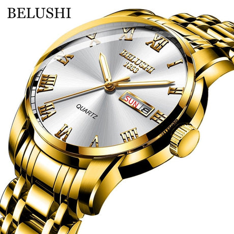 BELUSHI Men's Stainless Steel Date Watch - Waterproof and Luminous Golden White ONETIMEBUY
