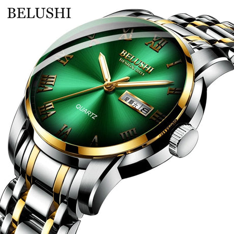 BELUSHI Men's Stainless Steel Date Watch - Waterproof and Luminous Silver Golden Green ONETIMEBUY
