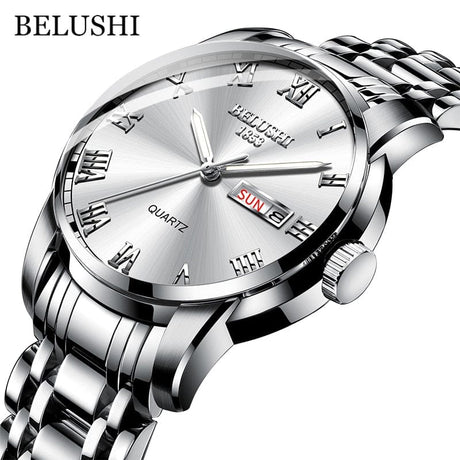 BELUSHI Men's Stainless Steel Date Watch - Waterproof and Luminous Silver ONETIMEBUY