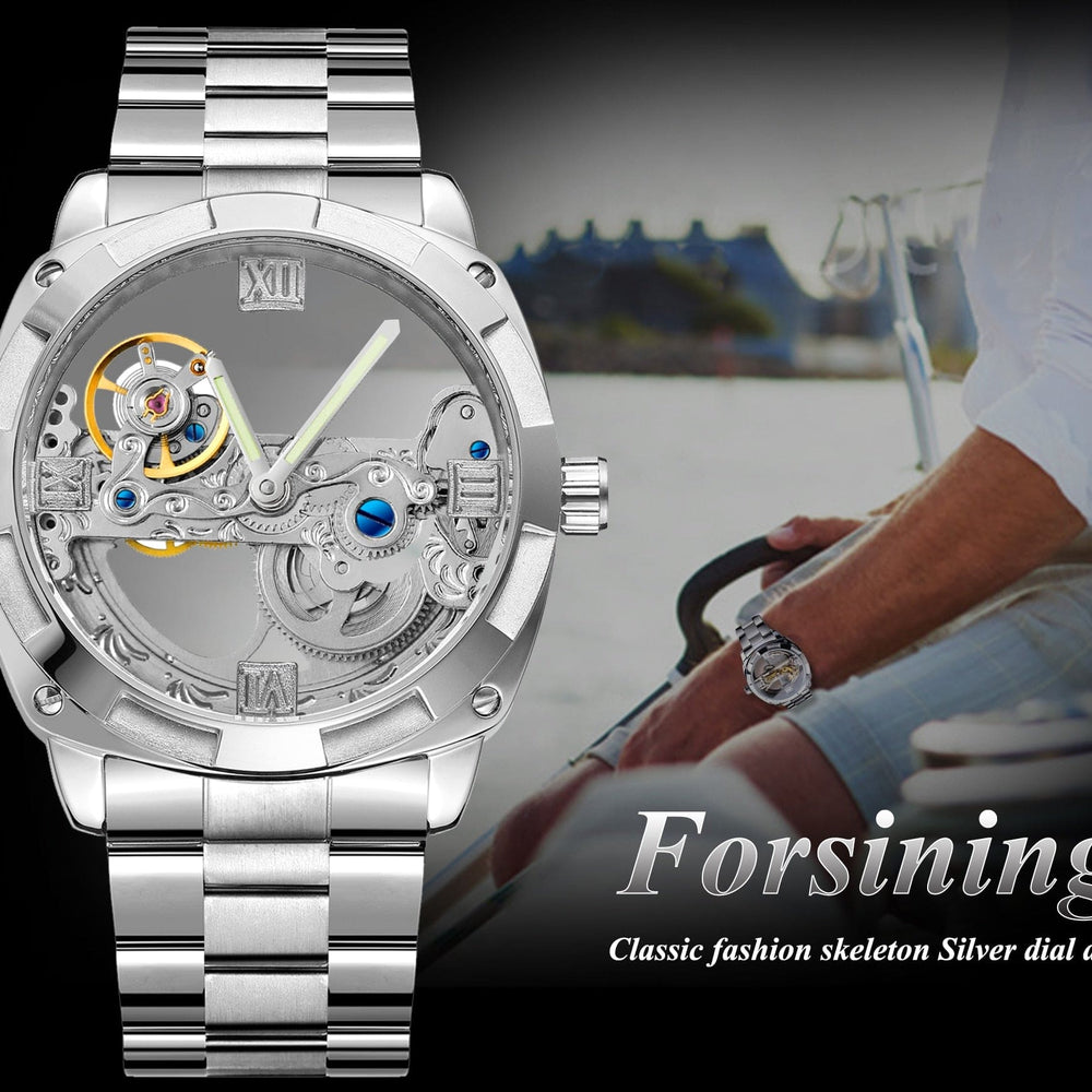 Forsining Men's Transparent Skeleton Mechanical Watch - Automatic Stainless Steel Timepiece ONETIMEBUY