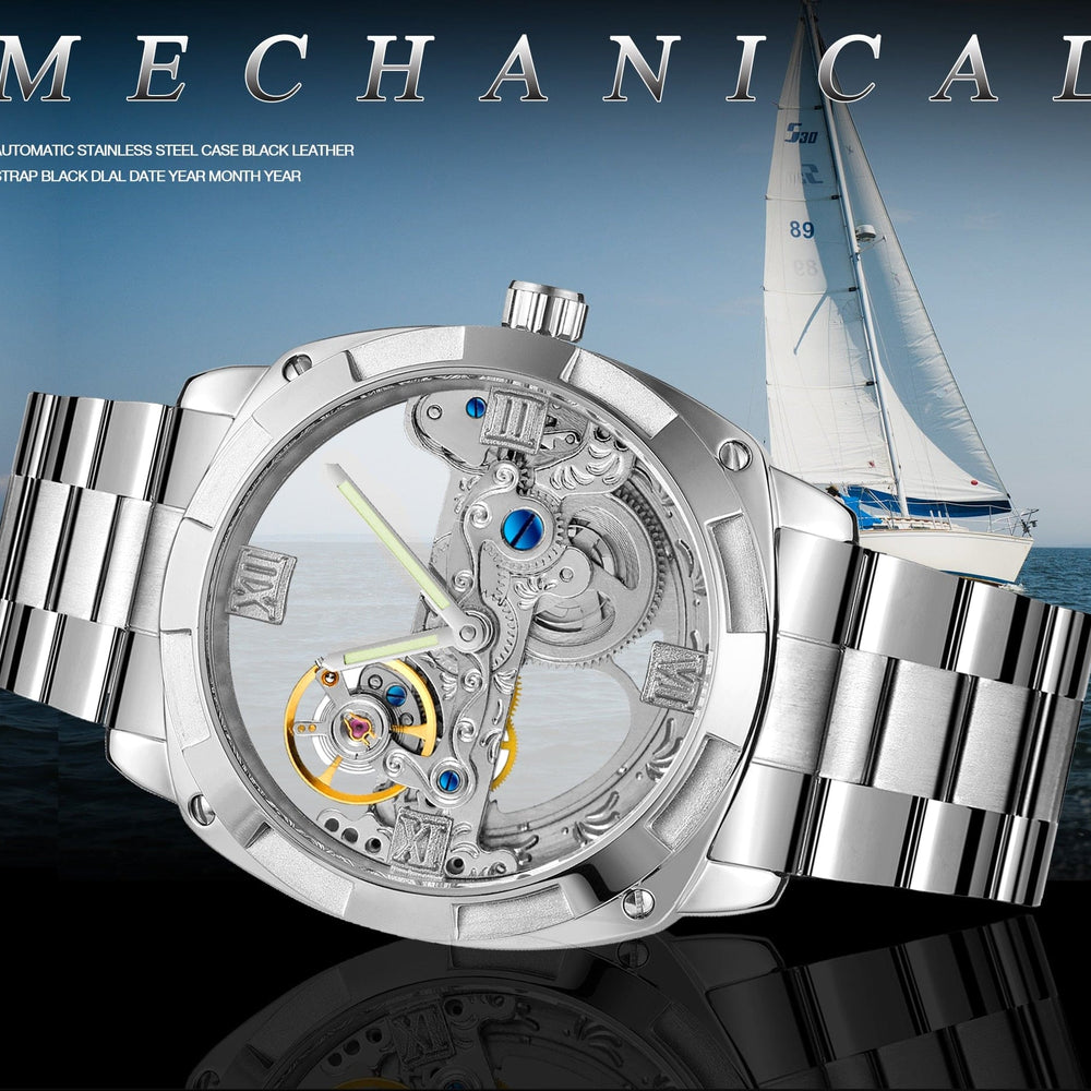 Forsining Men's Transparent Skeleton Mechanical Watch - Automatic Stainless Steel Timepiece ONETIMEBUY