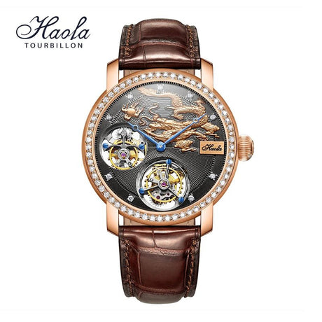 HAOFA Regal Radiance: 18K Gold Double Tourbillon Mechanical Watch with Diamonds ONETIMEBUY