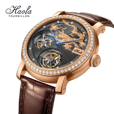 HAOFA Regal Radiance: 18K Gold Double Tourbillon Mechanical Watch with Diamonds ONETIMEBUY