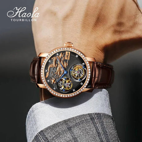 HAOFA Regal Radiance: 18K Gold Double Tourbillon Mechanical Watch with Diamonds ONETIMEBUY