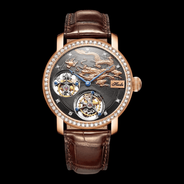 HAOFA Regal Radiance: 18K Gold Double Tourbillon Mechanical Watch with Diamonds 18K GOLD ONETIMEBUY